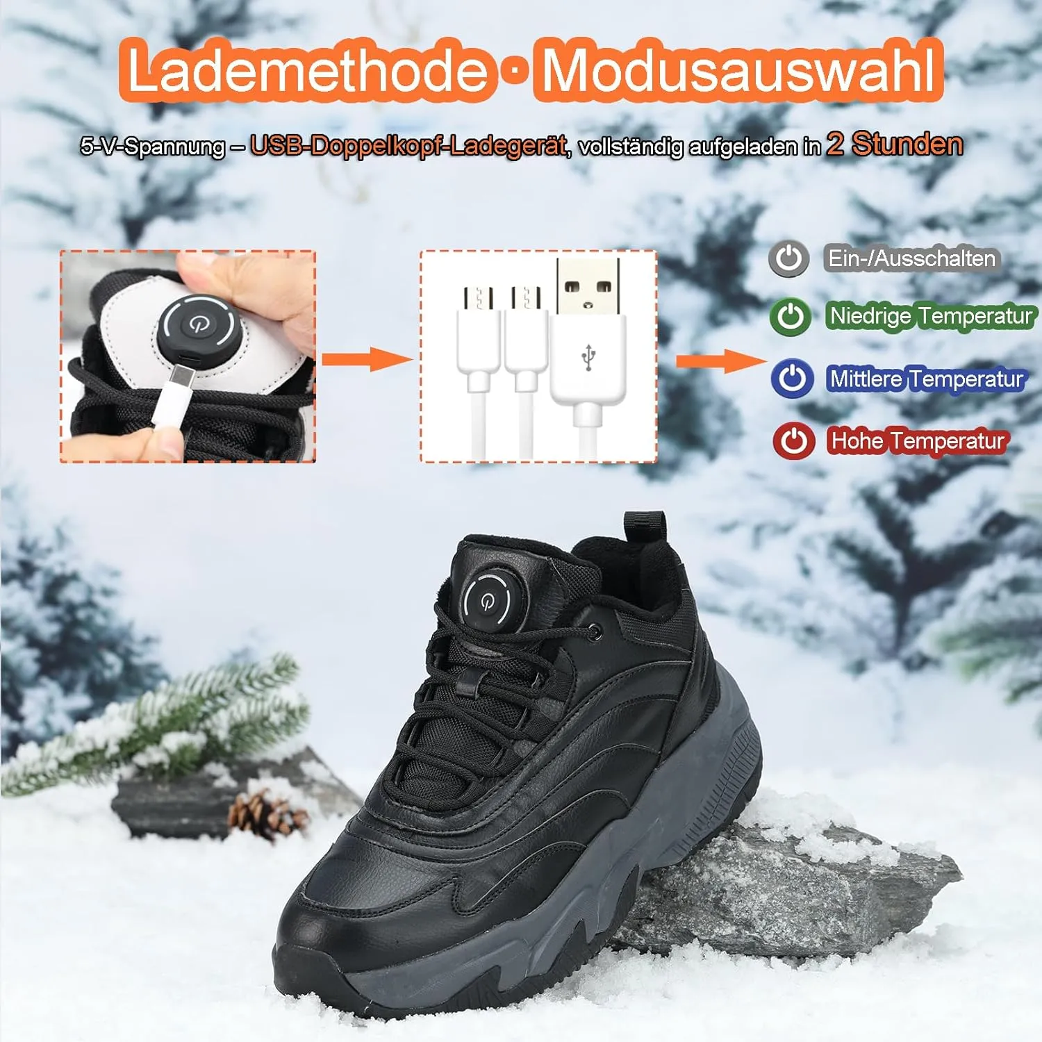 30S Fast Heated Sneakers for Men Women, Rechargeable Heating Foot Warmer, Non-Slip Winter Heated Shoes with 3 Heating Levels, Temperature Controlled Heating Shoes Up to 12 Hours