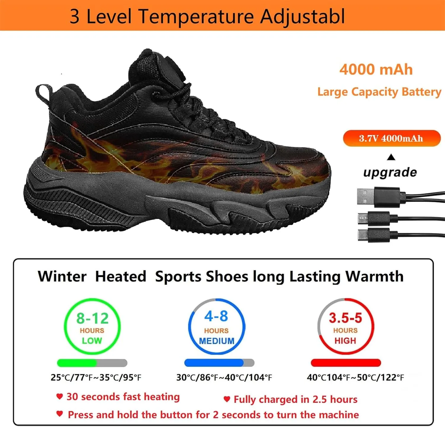 30S Fast Heated Sneakers for Men Women, Rechargeable Heating Foot Warmer, Non-Slip Winter Heated Shoes with 3 Heating Levels, Temperature Controlled Heating Shoes Up to 12 Hours