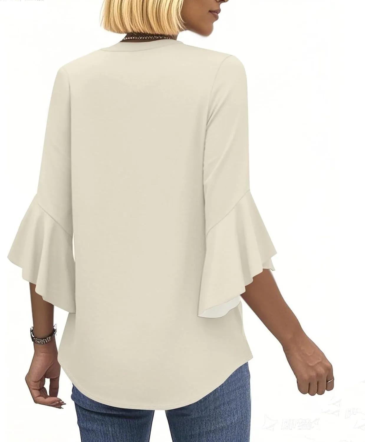 3/4 Length Sleeve Womens Work Tops Dressy Casual Business Office Blouses Floral Print Cute V Neck Flowy Shirts