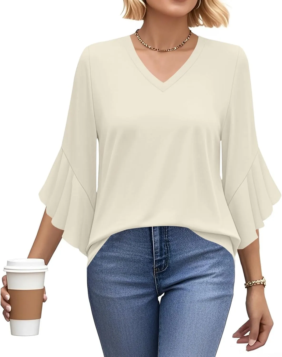 3/4 Length Sleeve Womens Work Tops Dressy Casual Business Office Blouses Floral Print Cute V Neck Flowy Shirts