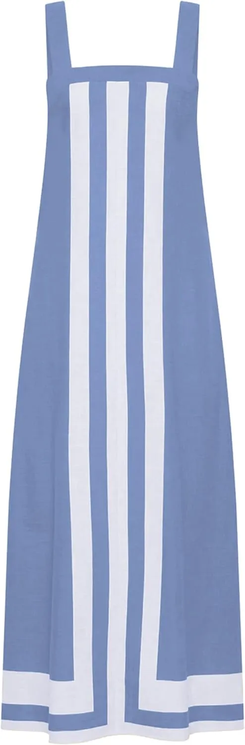 Ailoqing 2025 Women Bohemian Floral Dress Summer Casual Color Block Maxi Beach Overall Dress Coverups