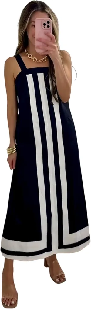Ailoqing 2025 Women Bohemian Floral Dress Summer Casual Color Block Maxi Beach Overall Dress Coverups
