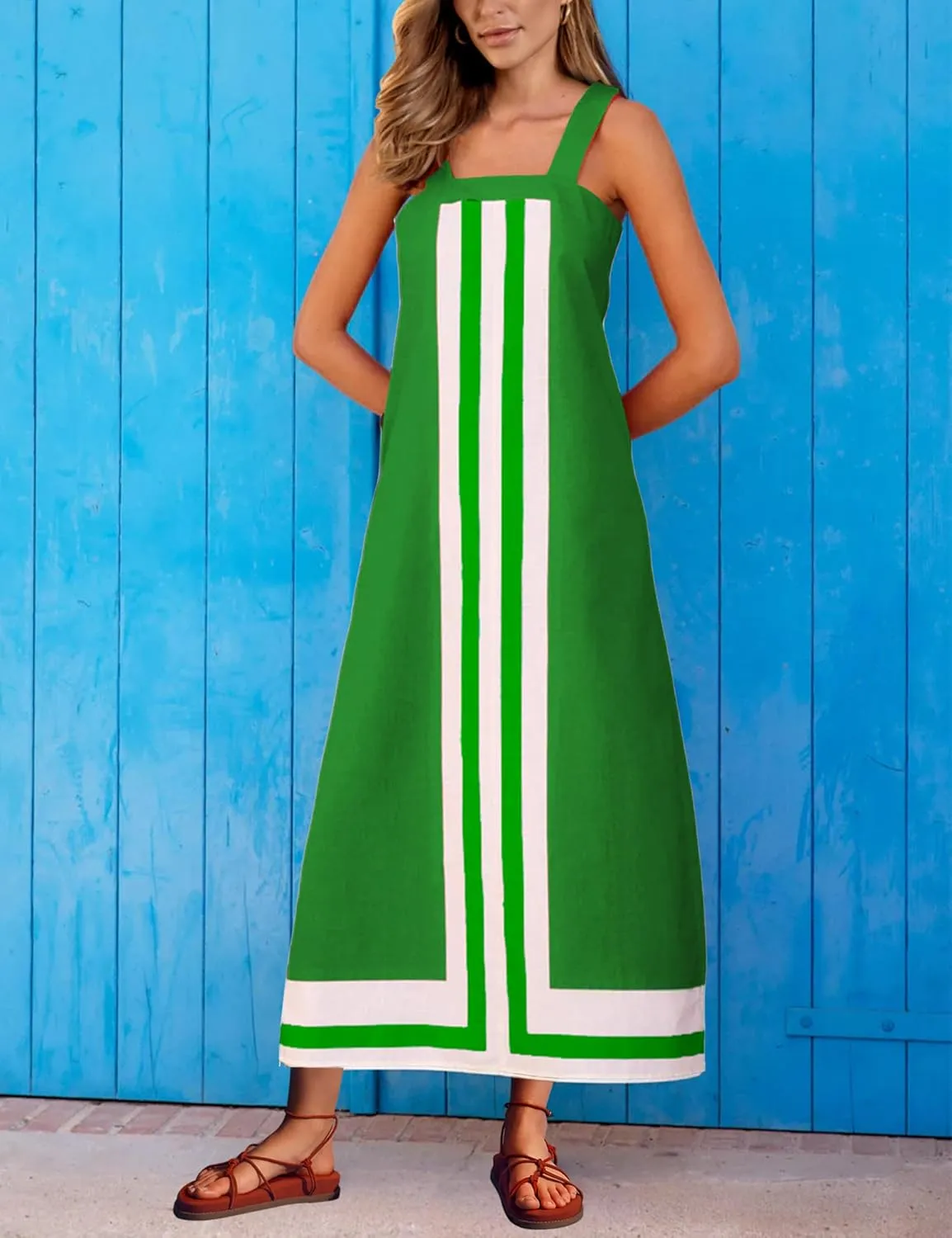 Ailoqing 2025 Women Bohemian Floral Dress Summer Casual Color Block Maxi Beach Overall Dress Coverups