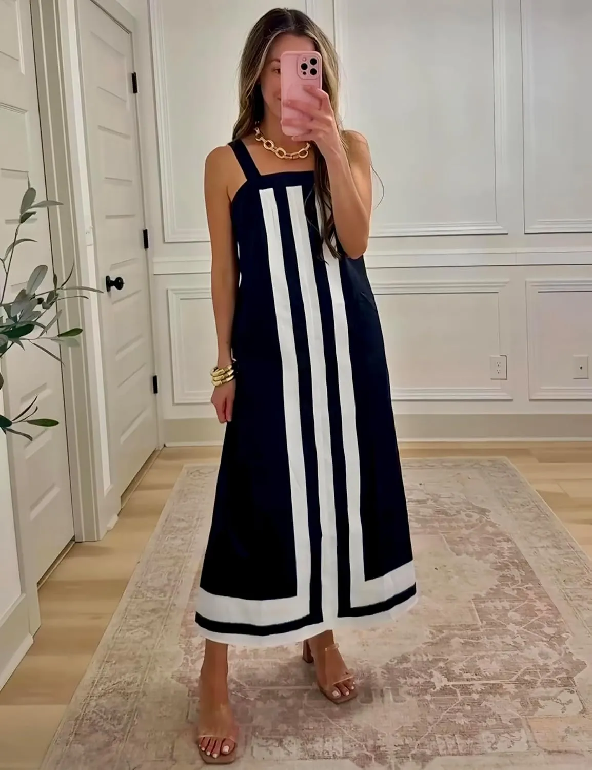 Ailoqing 2025 Women Bohemian Floral Dress Summer Casual Color Block Maxi Beach Overall Dress Coverups