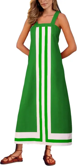 Ailoqing 2025 Women Bohemian Floral Dress Summer Casual Color Block Maxi Beach Overall Dress Coverups