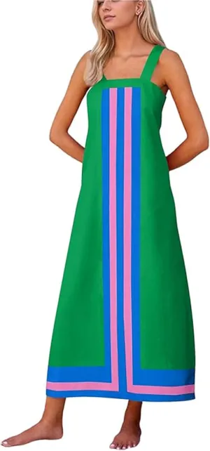 Ailoqing 2025 Women Bohemian Floral Dress Summer Casual Color Block Maxi Beach Overall Dress Coverups