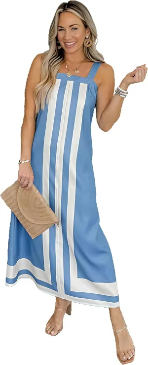 Ailoqing 2025 Women Bohemian Floral Dress Summer Casual Color Block Maxi Beach Overall Dress Coverups