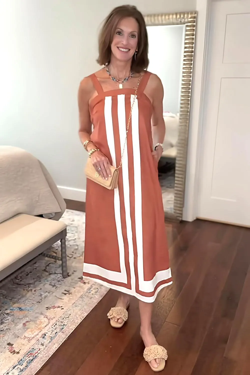 Ailoqing 2025 Women Bohemian Floral Dress Summer Casual Color Block Maxi Beach Overall Dress Coverups