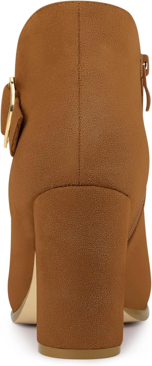 Allegra K Women's Buckle Side Zip Chunky Heels Ankle Boots