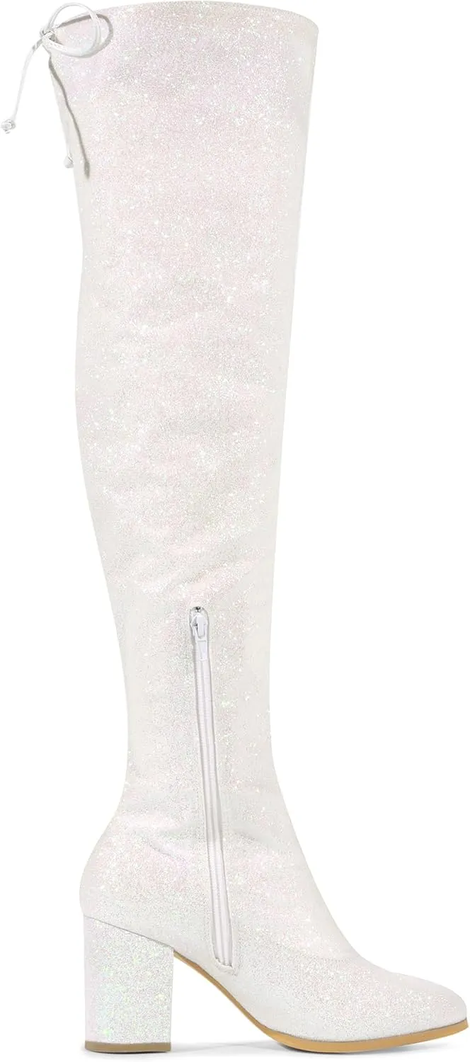 Allegra K Women's Glitter Boots Round Toe Chunky Heel Over the Knee High Boots