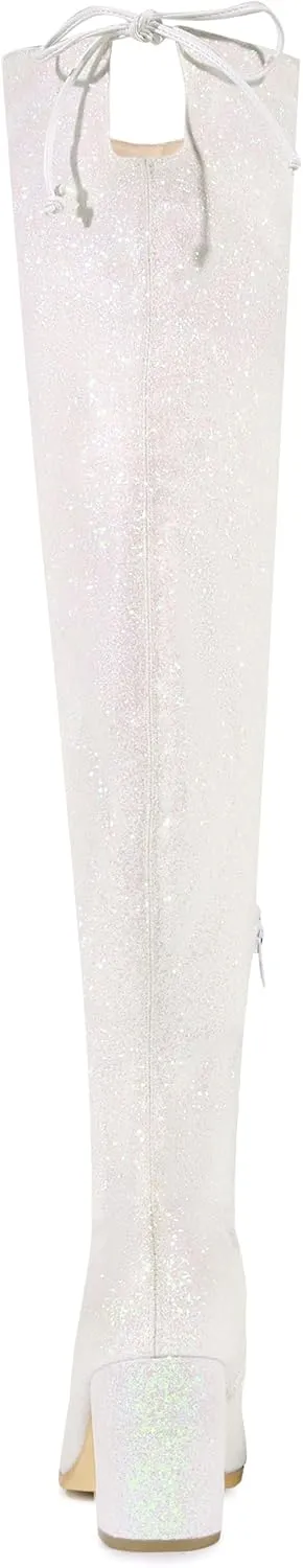Allegra K Women's Glitter Boots Round Toe Chunky Heel Over the Knee High Boots