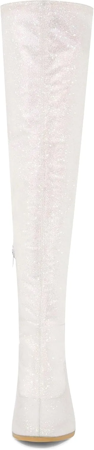 Allegra K Women's Glitter Boots Round Toe Chunky Heel Over the Knee High Boots