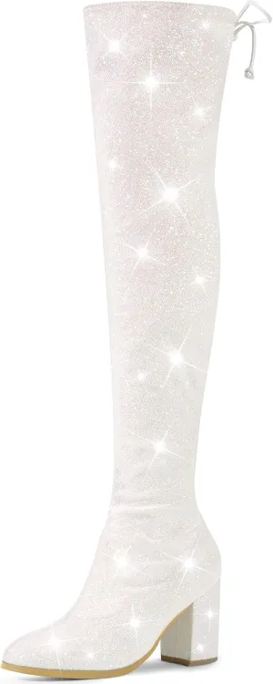 Allegra K Women's Glitter Boots Round Toe Chunky Heel Over the Knee High Boots