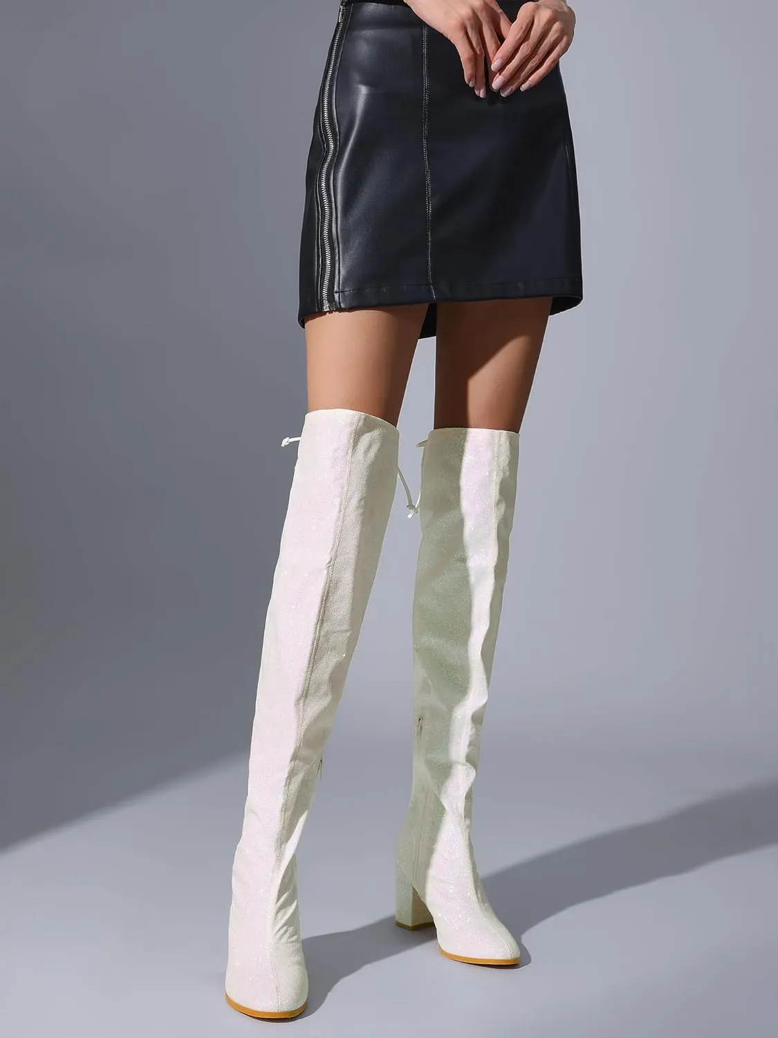 Allegra K Women's Glitter Boots Round Toe Chunky Heel Over the Knee High Boots