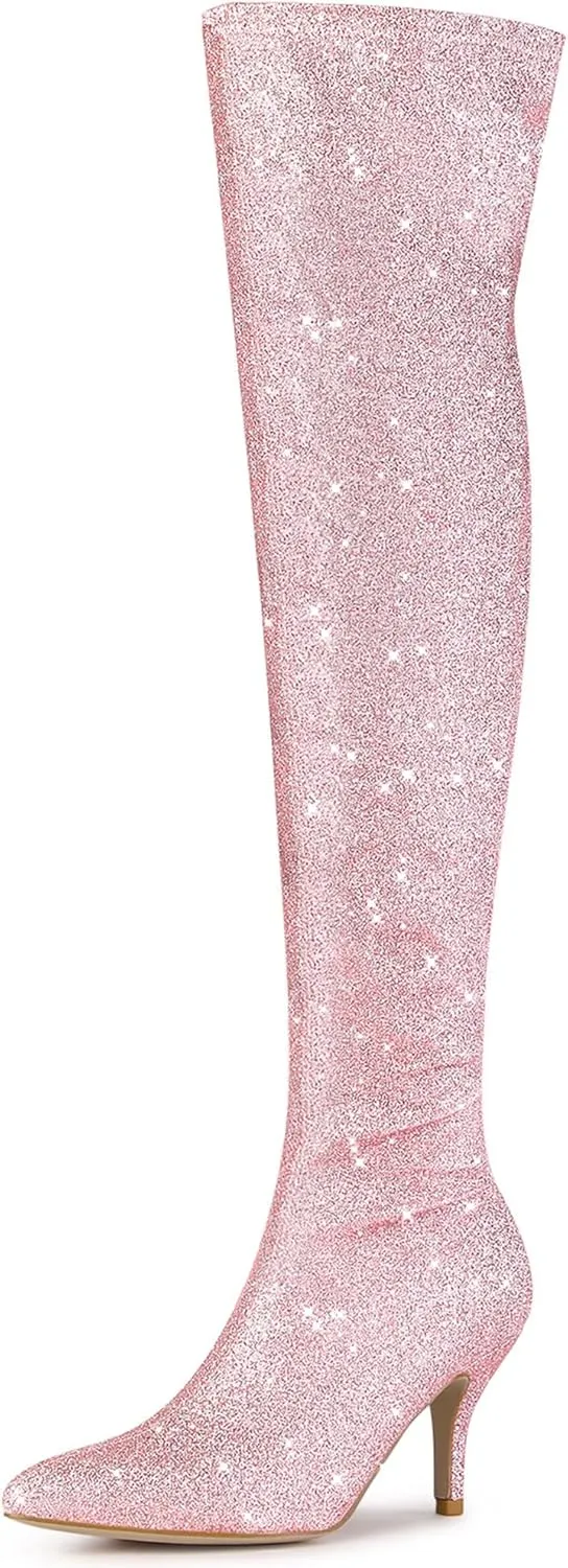 Allegra K Women's Glitter Pointed Toe Stiletto Heel Over the Knee Thigh High Boot