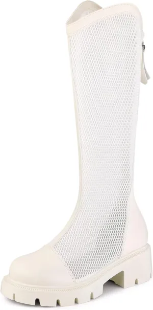 Allegra K Women's Platform Round Toe Chunky Low Heel Lug Sole Mesh Knee High Boots