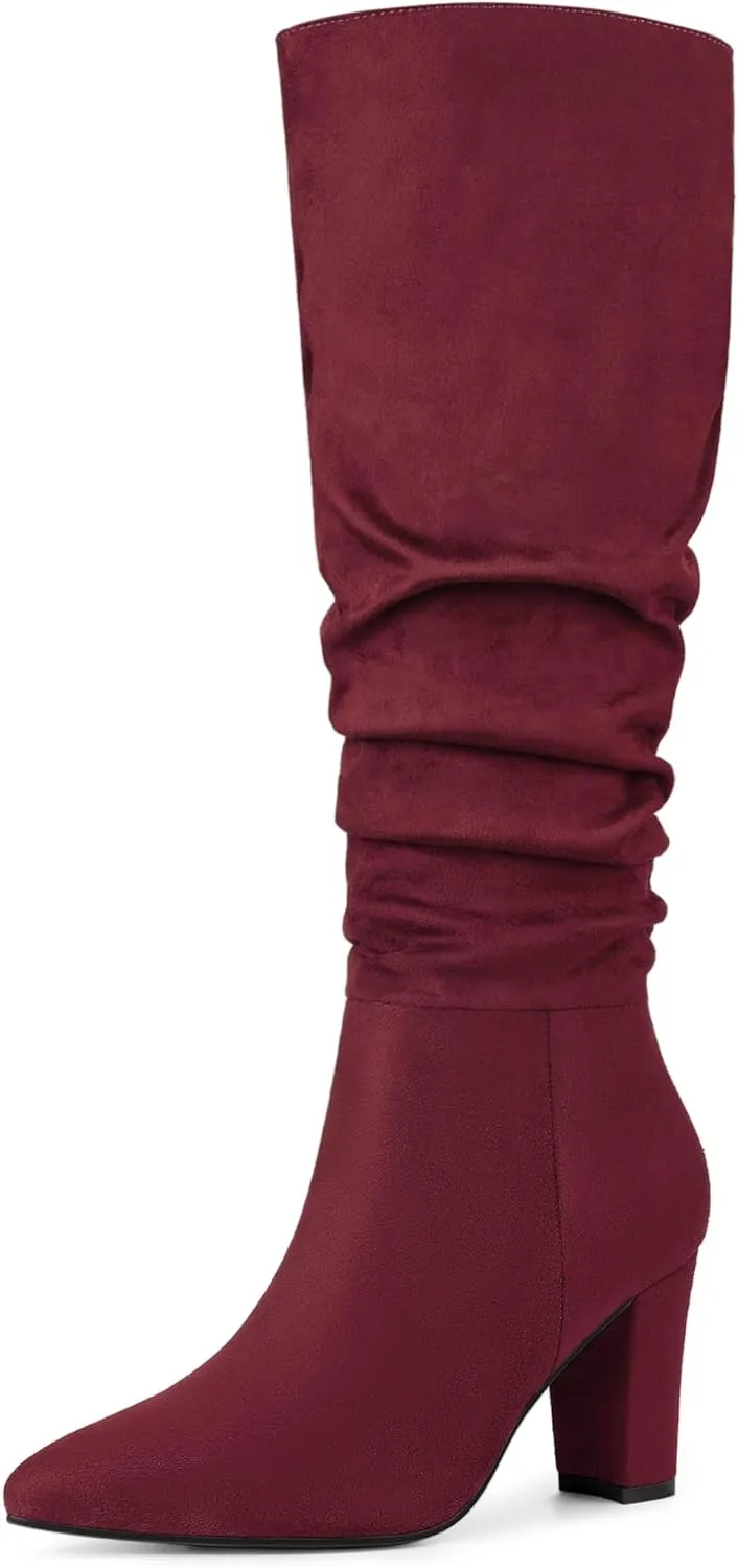Allegra K Women's Slouch Pointed Toe Chunky Heel Knee High Boots