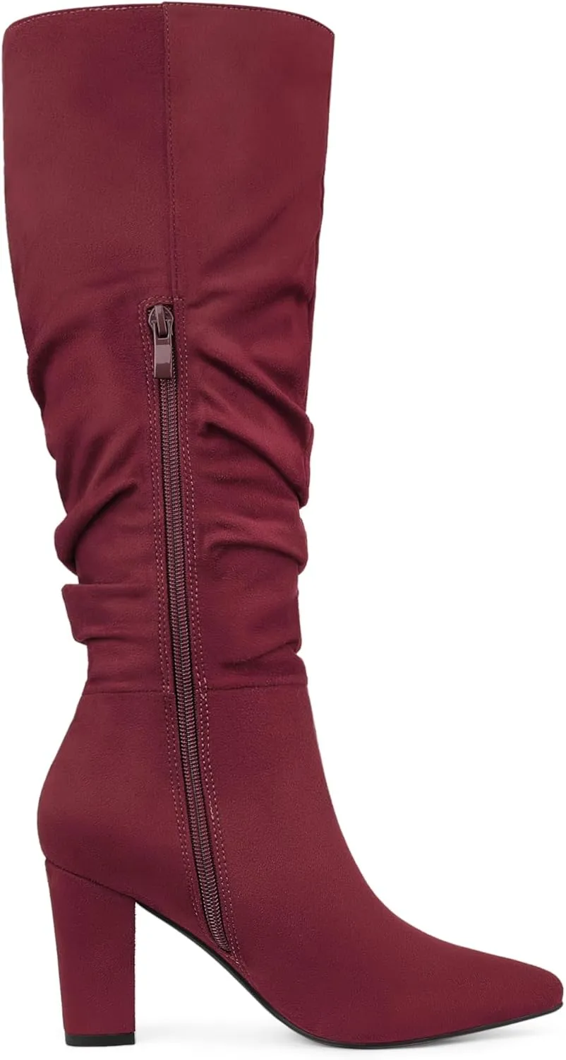 Allegra K Women's Slouch Pointed Toe Chunky Heel Knee High Boots