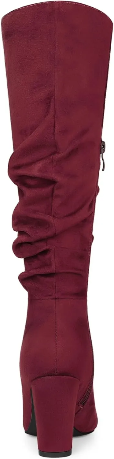 Allegra K Women's Slouch Pointed Toe Chunky Heel Knee High Boots