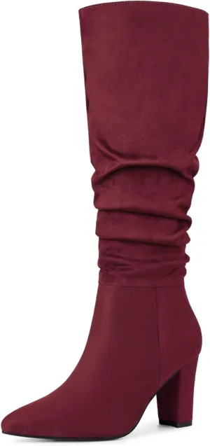 Allegra K Women's Slouch Pointed Toe Chunky Heel Knee High Boots