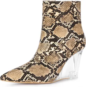 Allegra K Women's Snakeskin Printed Ankle Boots Pointed Toe Wedge Clear Heels Boots