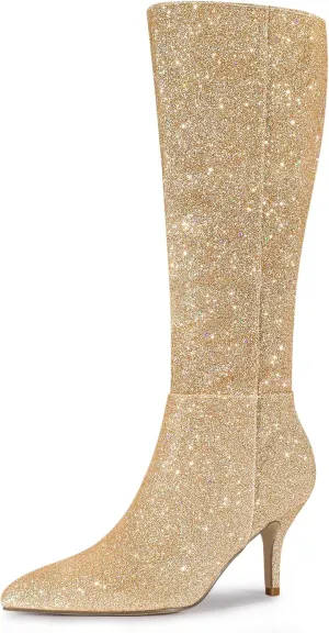 Allegra K Women's Sparkle Glitter Pointy Toe Stiletto Heel Knee High Boots