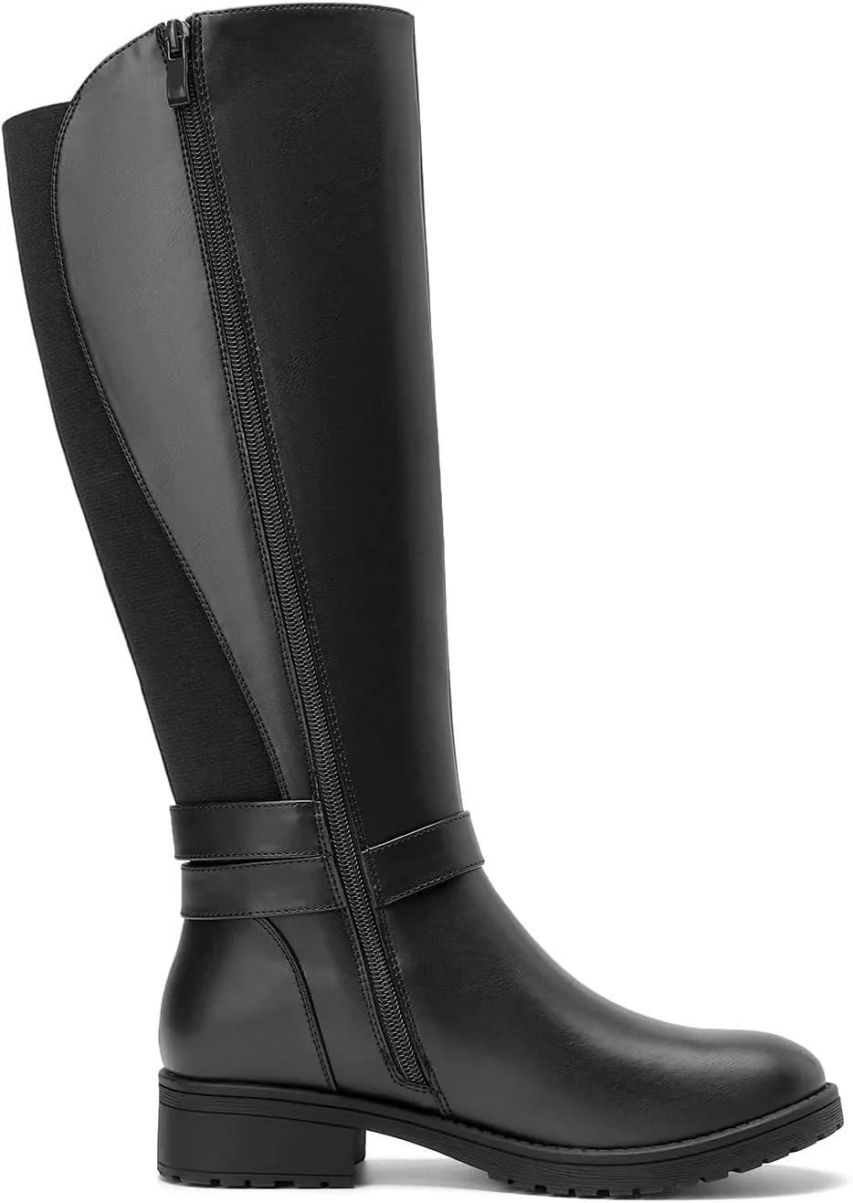ALLOT Women's Stretch Knee High Boots Low Block Heel Buckle Strap Classic Riding Boots Ladies Side Zip Elastic Casual Fashion Winter Boots