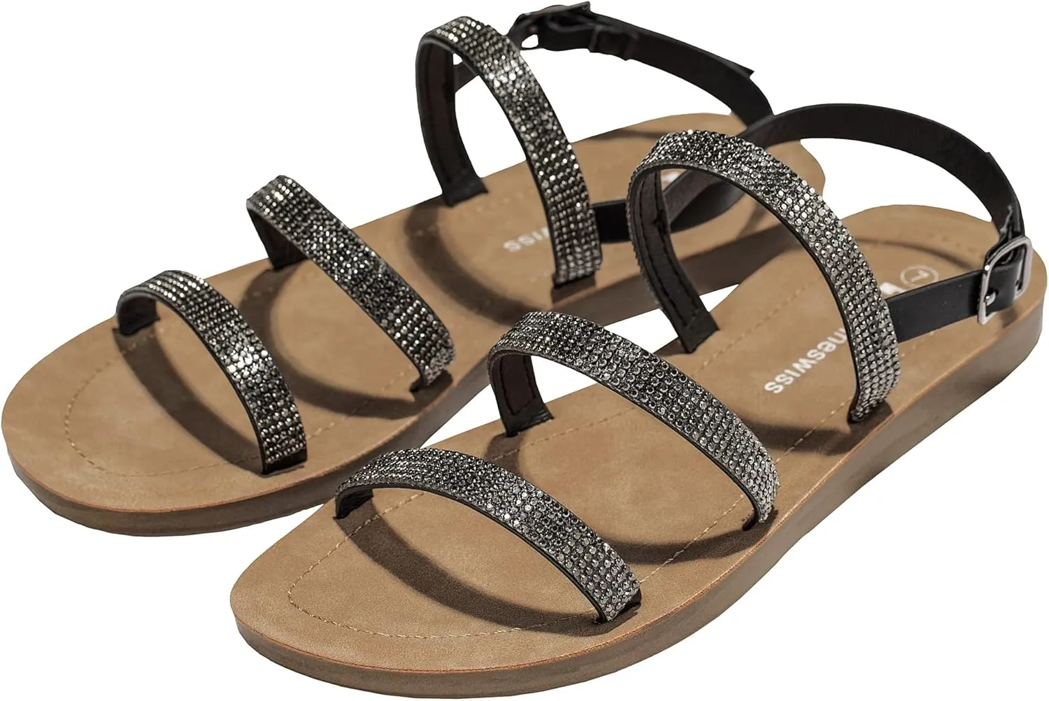 Alpine Swiss Womens Flat Strappy Rhinestone Sandals Gladiator Shoes