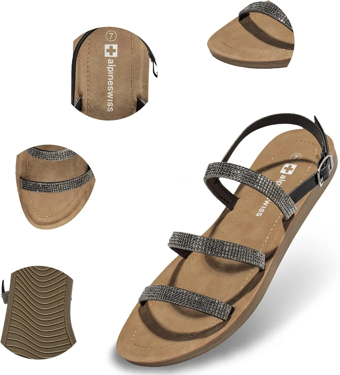 Alpine Swiss Womens Flat Strappy Rhinestone Sandals Gladiator Shoes