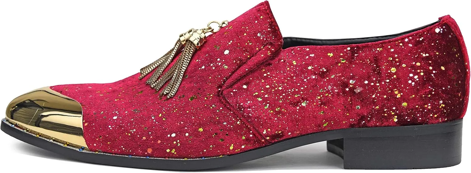 Amali Chaz, Men's Slippers - Loafers Men Slip on Shoes - Mens Casual Shoes - Man Made Velvet, Tuxedo Shoes - Metal Gold Chain Tassel & Gold Metal Tip, Dress Shoes - Gift