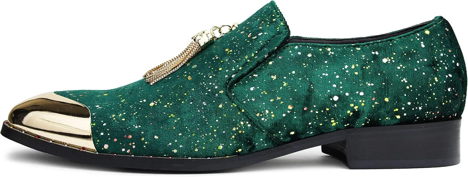 Amali Chaz, Men's Slippers - Loafers Men Slip on Shoes - Mens Casual Shoes - Man Made Velvet, Tuxedo Shoes - Metal Gold Chain Tassel & Gold Metal Tip, Dress Shoes - Gift