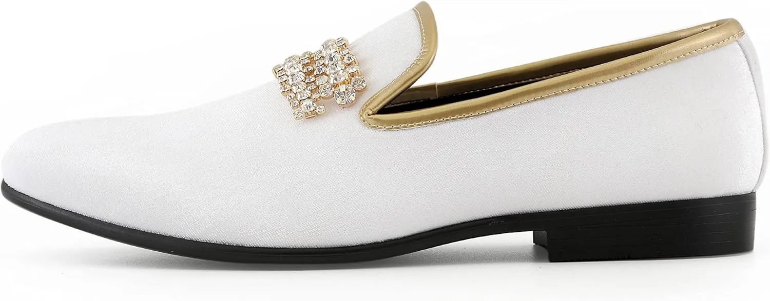 Amali Tiago- The Original Men's Faux Velvet Slip On Loafer with Jeweled Bit and Matching Piping - Mens Smoking Slip On Shoes - Formal Tuxedo Dress Shoe Loafers for Men