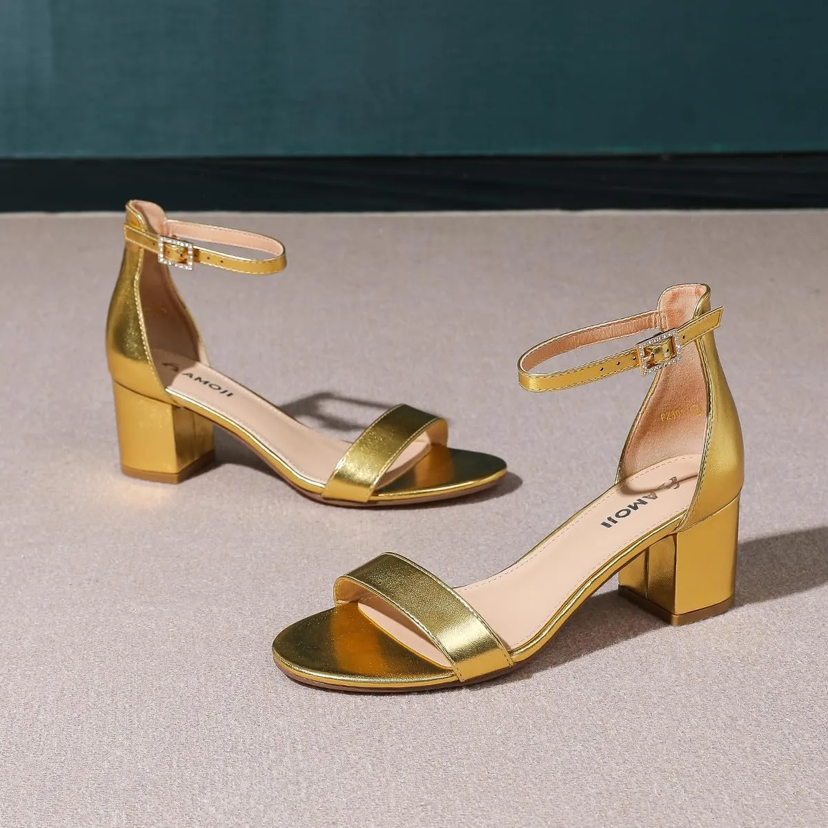 Amoji Women's 2.5 Inch Low Heel Ankle Strap Dressy Sandals 301