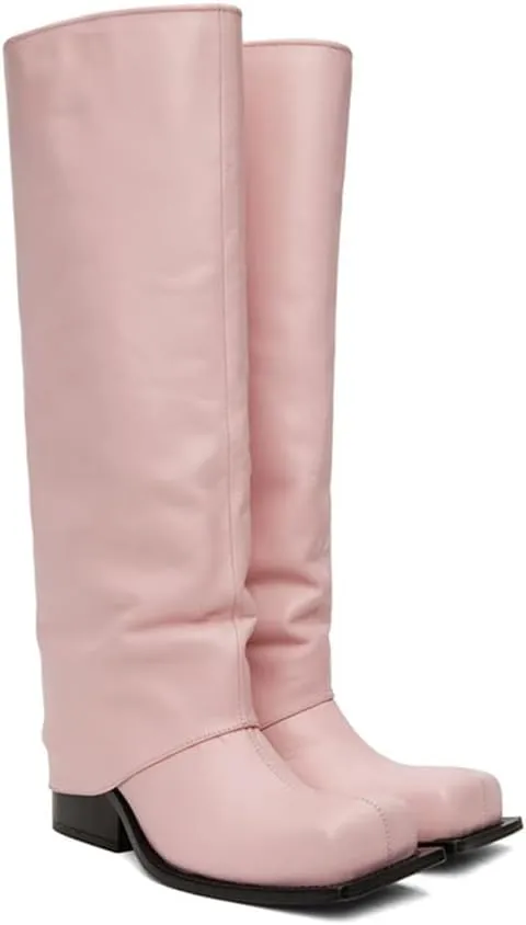 Arqa Women's Fold Over Knee High Boots Square Toe Chunky Heel Metallic Wide Calf Boot Pull-on Riding Boot