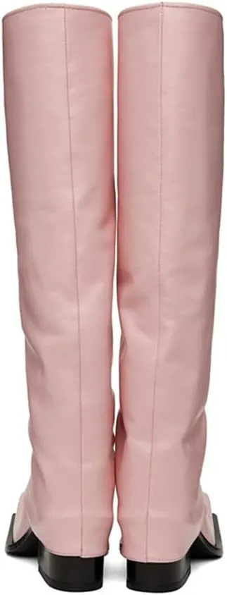 Arqa Women's Fold Over Knee High Boots Square Toe Chunky Heel Metallic Wide Calf Boot Pull-on Riding Boot