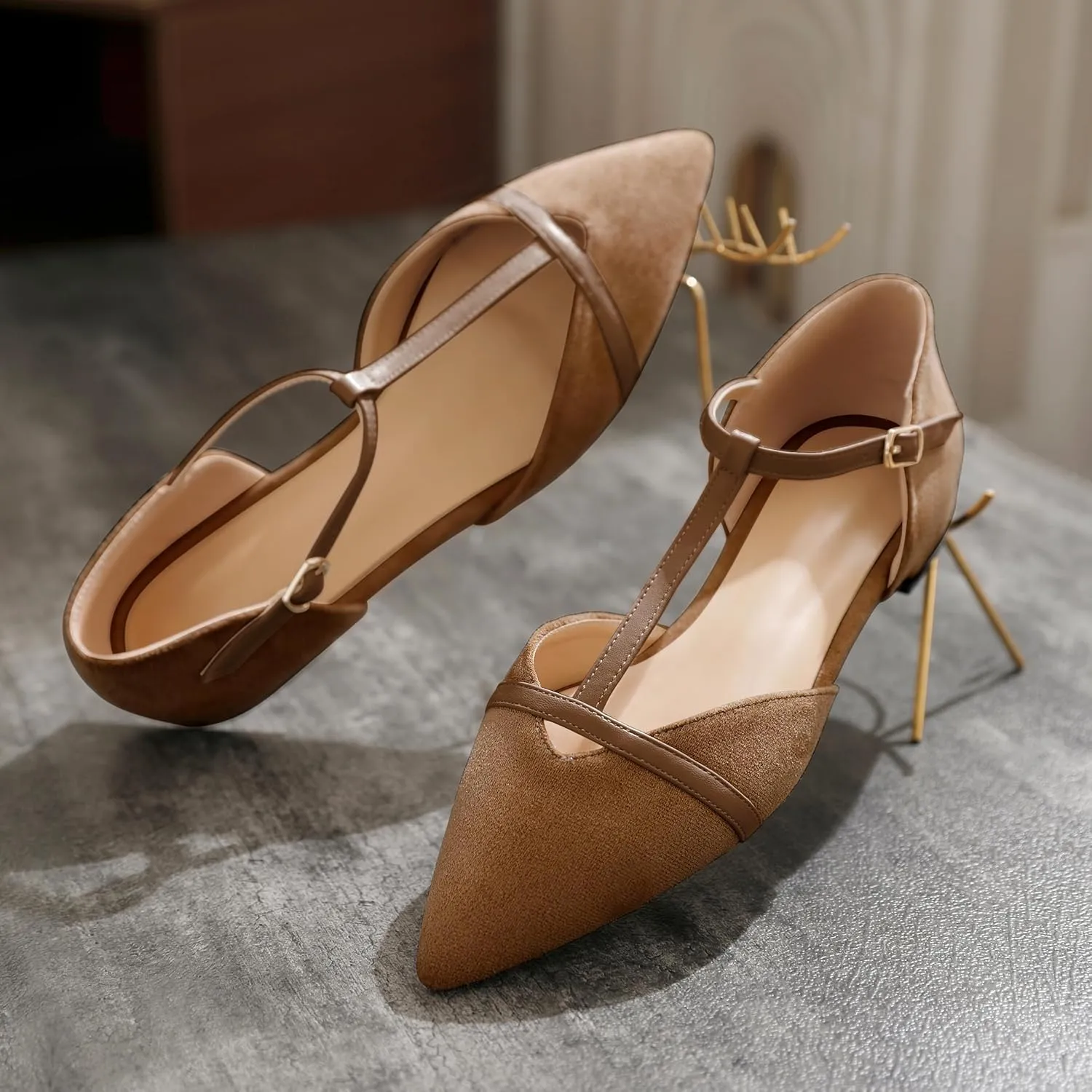 AUMOTED Women's Mary Jane Flat Pointed Toe Flats Low Heel D'Orsay Slip-on Pumps Casual Walking Shoes