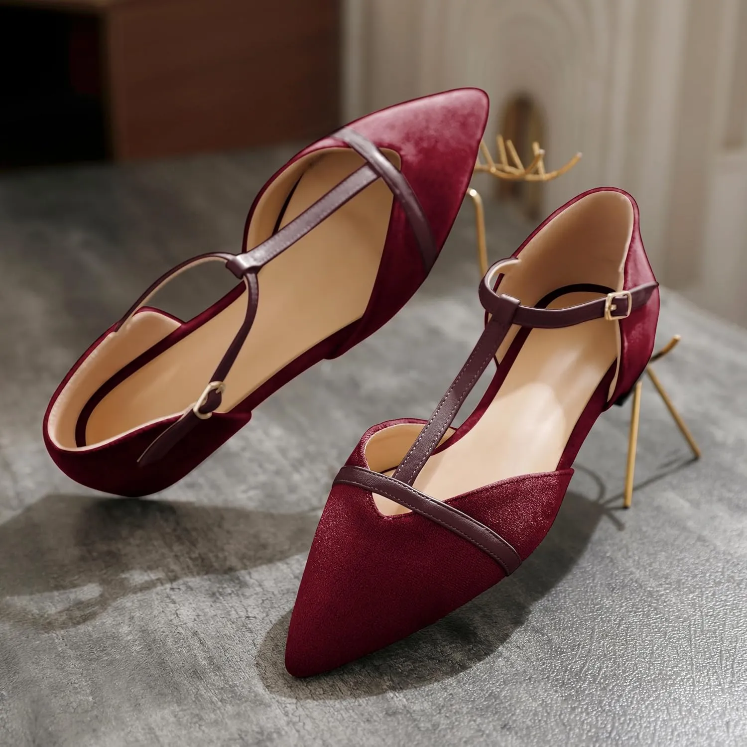 AUMOTED Women's Mary Jane Flat Pointed Toe Flats Low Heel D'Orsay Slip-on Pumps Casual Walking Shoes