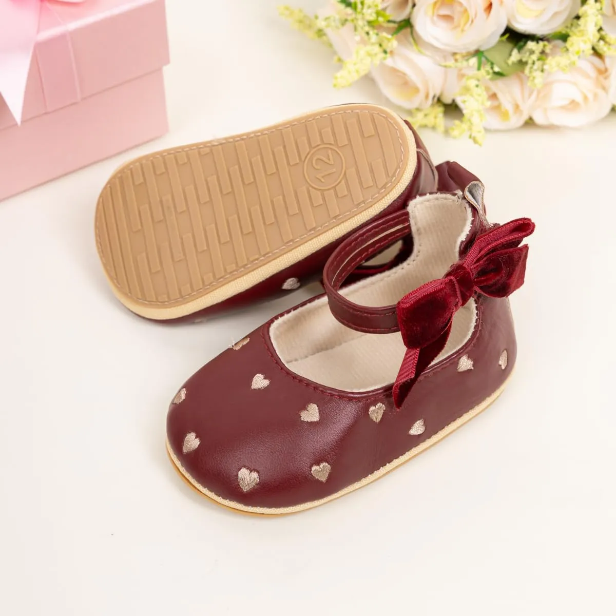 Baby Infant Girl Mary Jane Shoes Bow Baby Dress Shoes PU Leather Non-Slip Rubber Sole First Walkers Princess Wedding Newborn Crib Shoes