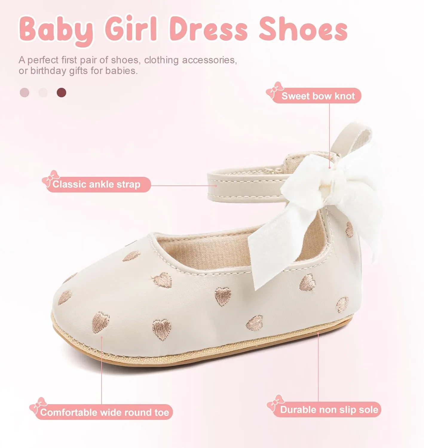 Baby Infant Girl Mary Jane Shoes Bow Baby Dress Shoes PU Leather Non-Slip Rubber Sole First Walkers Princess Wedding Newborn Crib Shoes