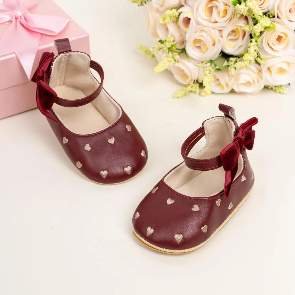 Baby Infant Girl Mary Jane Shoes Bow Baby Dress Shoes PU Leather Non-Slip Rubber Sole First Walkers Princess Wedding Newborn Crib Shoes