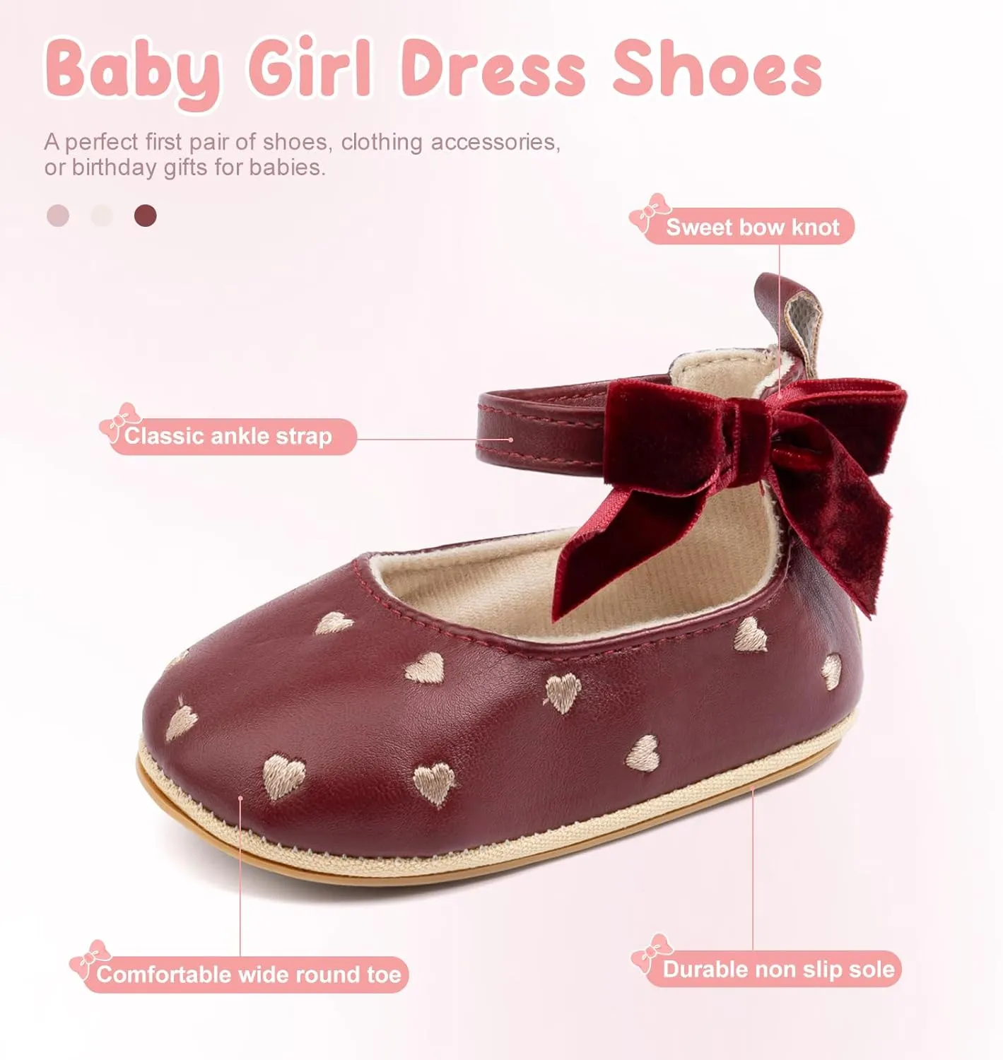 Baby Infant Girl Mary Jane Shoes Bow Baby Dress Shoes PU Leather Non-Slip Rubber Sole First Walkers Princess Wedding Newborn Crib Shoes