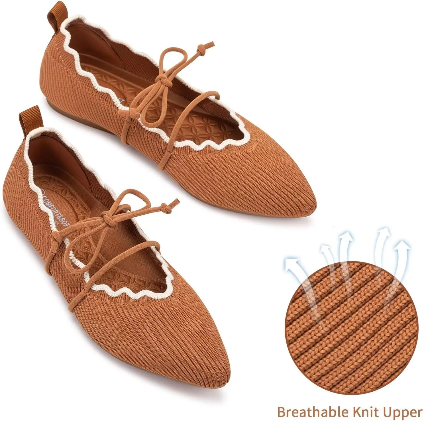 BEJINASH Women's Knitted Flats Pointed Toe Slip On Womens Shoes with Ruffled Vamp Elastic Rope Design for Casual Daily Ballets Shoes