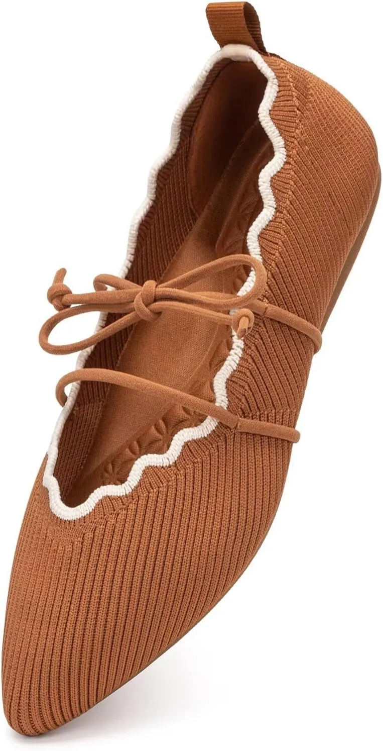 BEJINASH Women's Knitted Flats Pointed Toe Slip On Womens Shoes with Ruffled Vamp Elastic Rope Design for Casual Daily Ballets Shoes