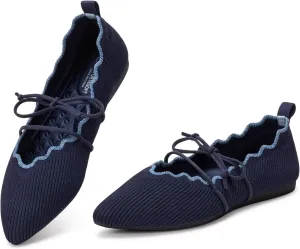 BEJINASH Women's Knitted Flats Pointed Toe Slip On Womens Shoes with Ruffled Vamp Elastic Rope Design for Casual Daily Ballets Shoes