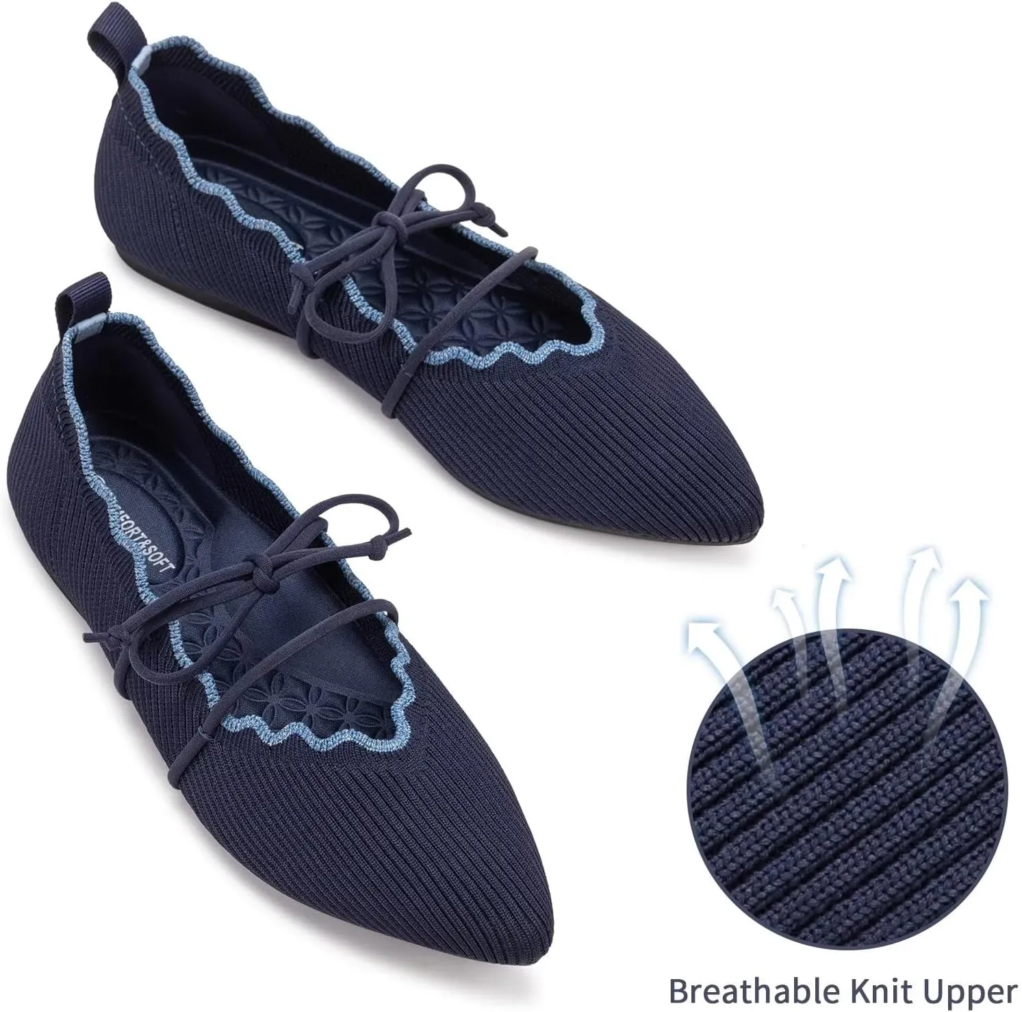 BEJINASH Women's Knitted Flats Pointed Toe Slip On Womens Shoes with Ruffled Vamp Elastic Rope Design for Casual Daily Ballets Shoes
