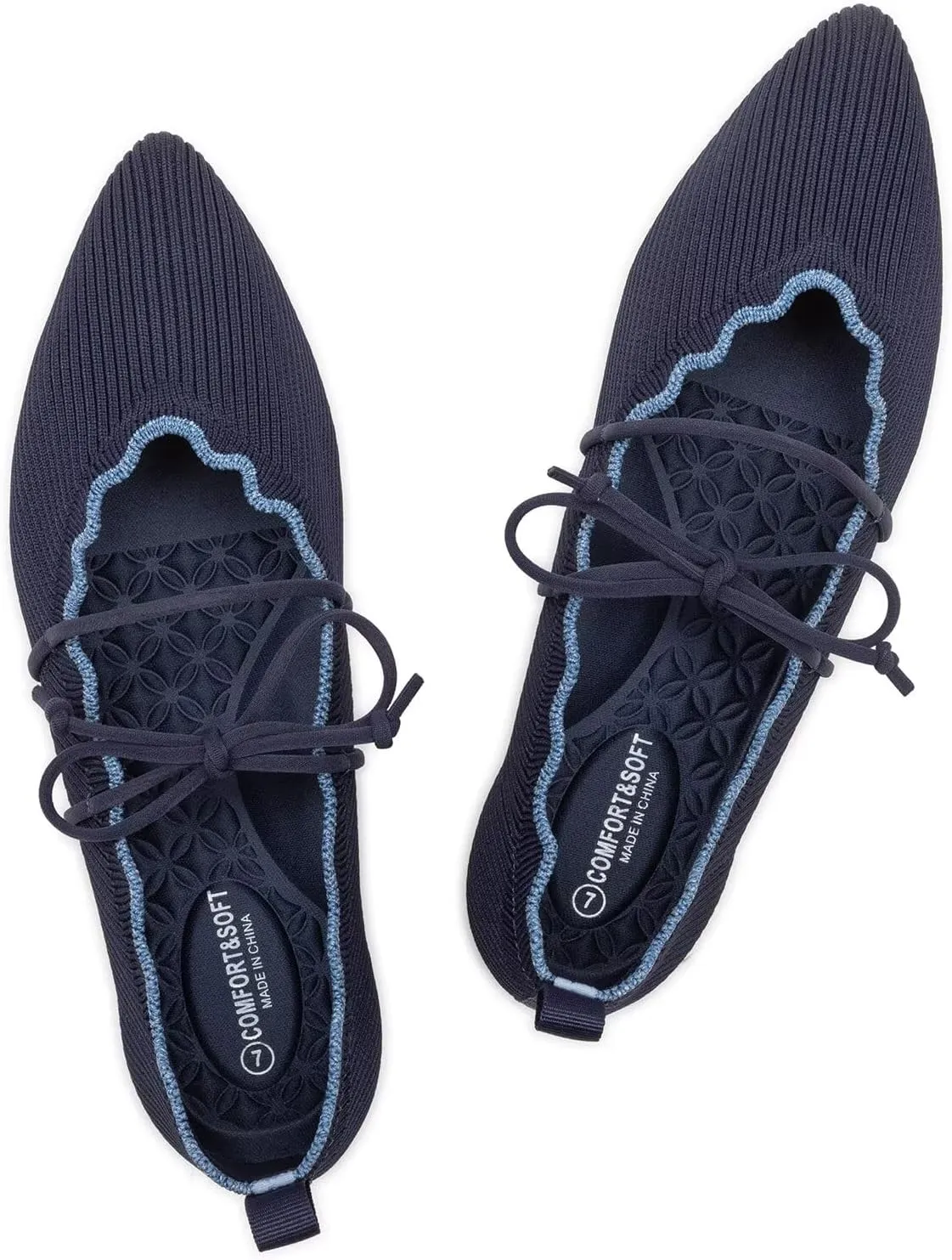 BEJINASH Women's Knitted Flats Pointed Toe Slip On Womens Shoes with Ruffled Vamp Elastic Rope Design for Casual Daily Ballets Shoes