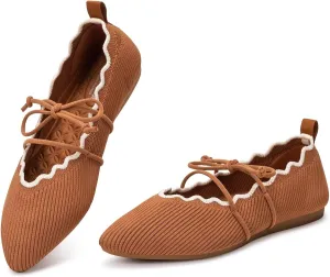 BEJINASH Women's Knitted Flats Pointed Toe Slip On Womens Shoes with Ruffled Vamp Elastic Rope Design for Casual Daily Ballets Shoes