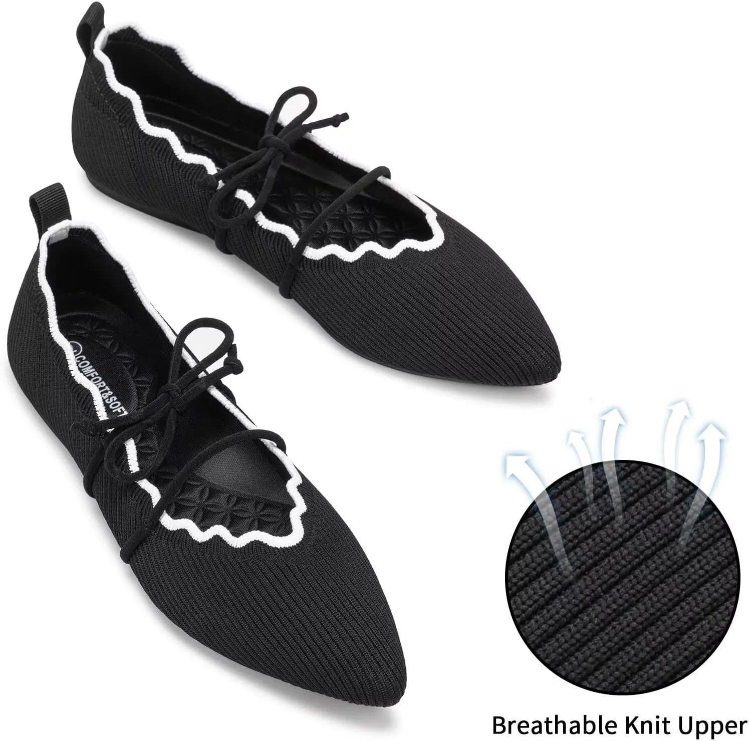 BEJINASH Women's Knitted Flats Pointed Toe Slip On Womens Shoes with Ruffled Vamp Elastic Rope Design for Casual Daily Ballets Shoes