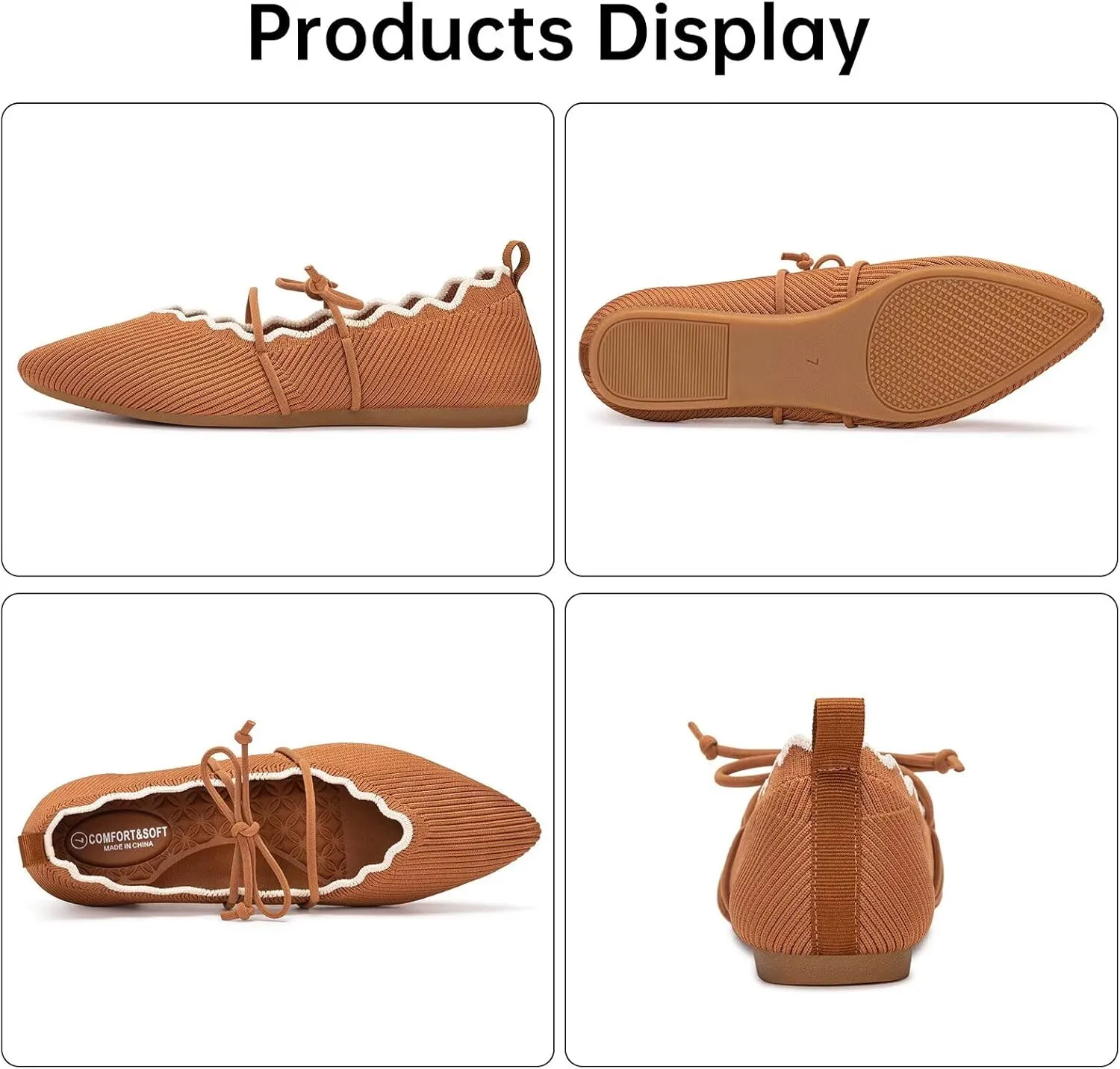 BEJINASH Women's Knitted Flats Pointed Toe Slip On Womens Shoes with Ruffled Vamp Elastic Rope Design for Casual Daily Ballets Shoes