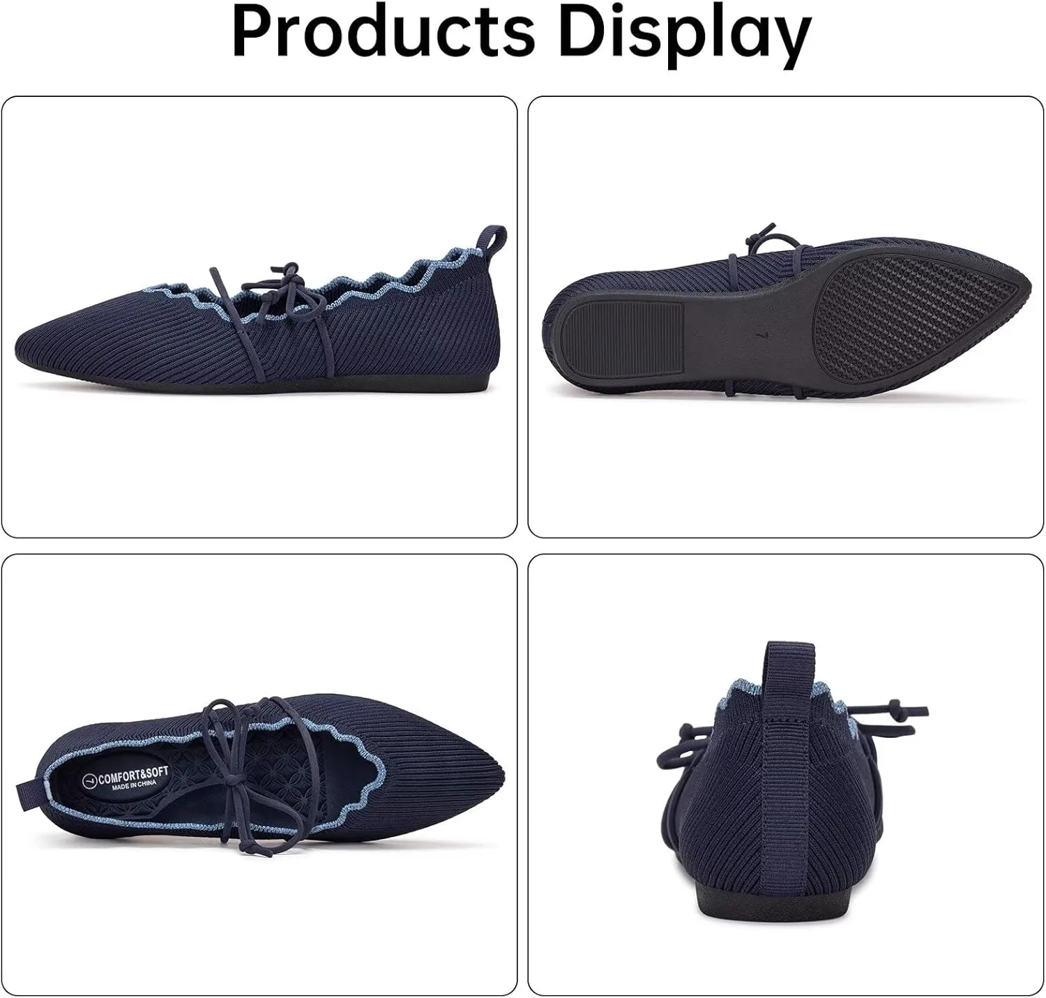 BEJINASH Women's Knitted Flats Pointed Toe Slip On Womens Shoes with Ruffled Vamp Elastic Rope Design for Casual Daily Ballets Shoes